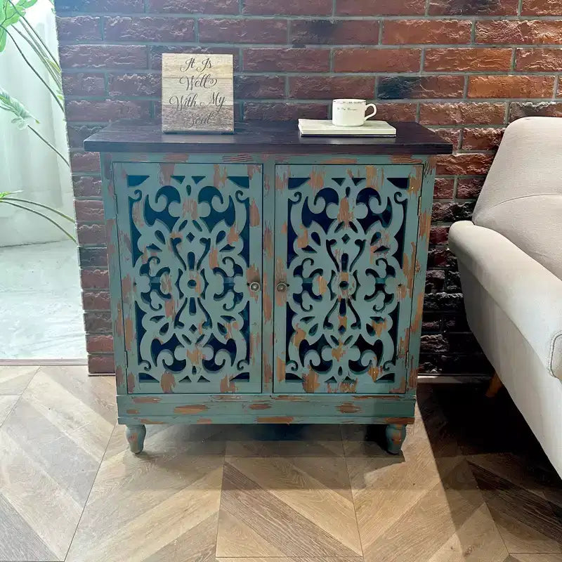 eHemco meuble d'appoint rustique vieilli à 2 portes avec double étagère de rangement pour salon et entrée, sarcelle