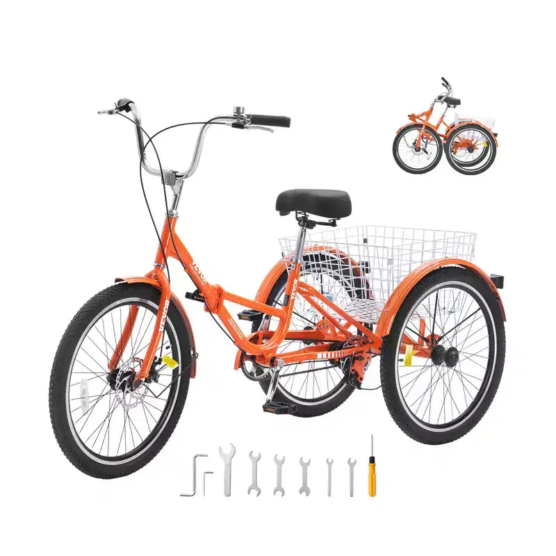 Tricycle pliant VEVOR pour adultes, Tricycles pliants pour adultes de 24 pouces, Vélo cruiser à 3 roues en alliage d'aluminium léger avec grand panier arrière