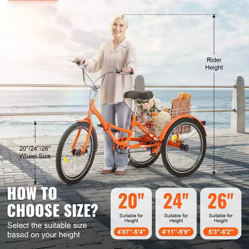 Tricycle pliant VEVOR pour adultes, Tricycles pliants pour adultes de 24 pouces, Vélo cruiser à 3 roues en alliage d'aluminium léger avec grand panier arrière