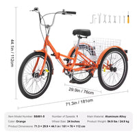 Tricycle pliant VEVOR pour adultes, Tricycles pliants pour adultes de 24 pouces, Vélo cruiser à 3 roues en alliage d'aluminium léger avec grand panier arrière