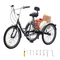 Vélo tricycle VEVOR pour adultes, trikes pour adultes à 7 vitesses, vélos à trois roues de 24 pouces, vélo cruiser en acier au carbone avec panier et siège réglable