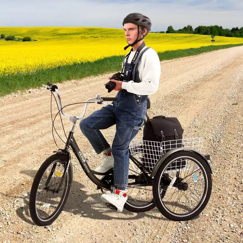 Vélo tricycle VEVOR pour adultes, trikes pour adultes à 7 vitesses, vélos à trois roues de 24 pouces, vélo cruiser en acier au carbone avec panier et siège réglable