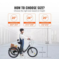 Vélo tricycle VEVOR pour adultes, trikes pour adultes à 7 vitesses, vélos à trois roues de 24 pouces, vélo cruiser en acier au carbone avec panier et siège réglable