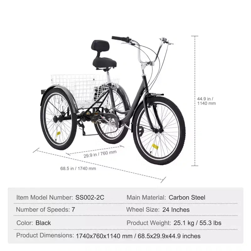 Vélo tricycle VEVOR pour adultes, trikes pour adultes à 7 vitesses, vélos à trois roues de 24 pouces, vélo cruiser en acier au carbone avec panier et siège réglable