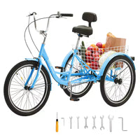 VEVOR Tricycles pour adultes, vélos à trois roues de 24 pouces, tricycles à 3 roues, vélo de croisière en acier au carbone avec panier et siège réglable