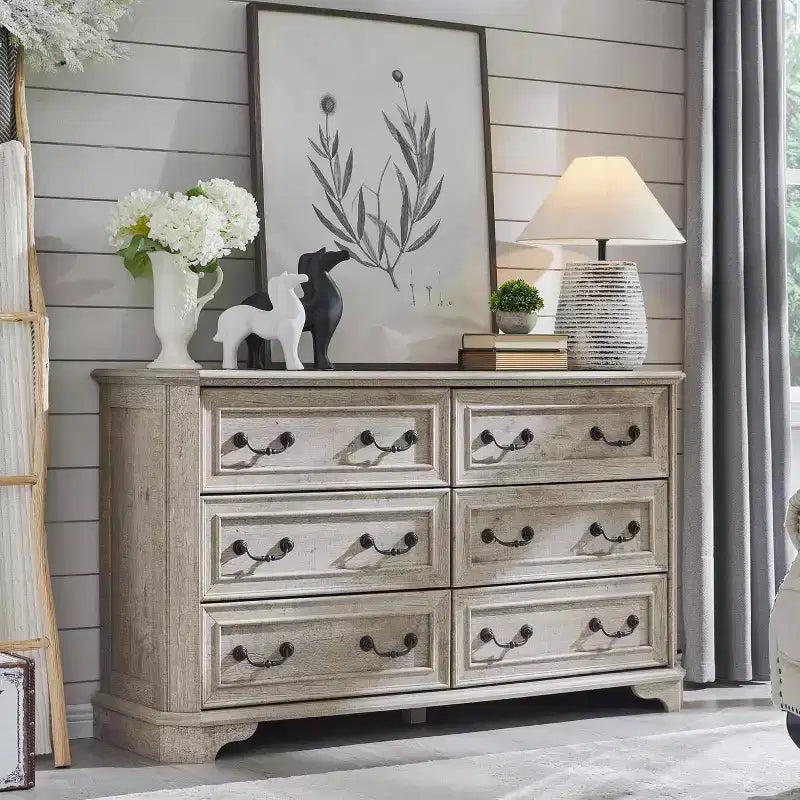 Commode à 6 tiroirs SinCiDo pour chambre à coucher, commode rustique en bois de style ferme, commode vintage de 54 po de largeur pour salon