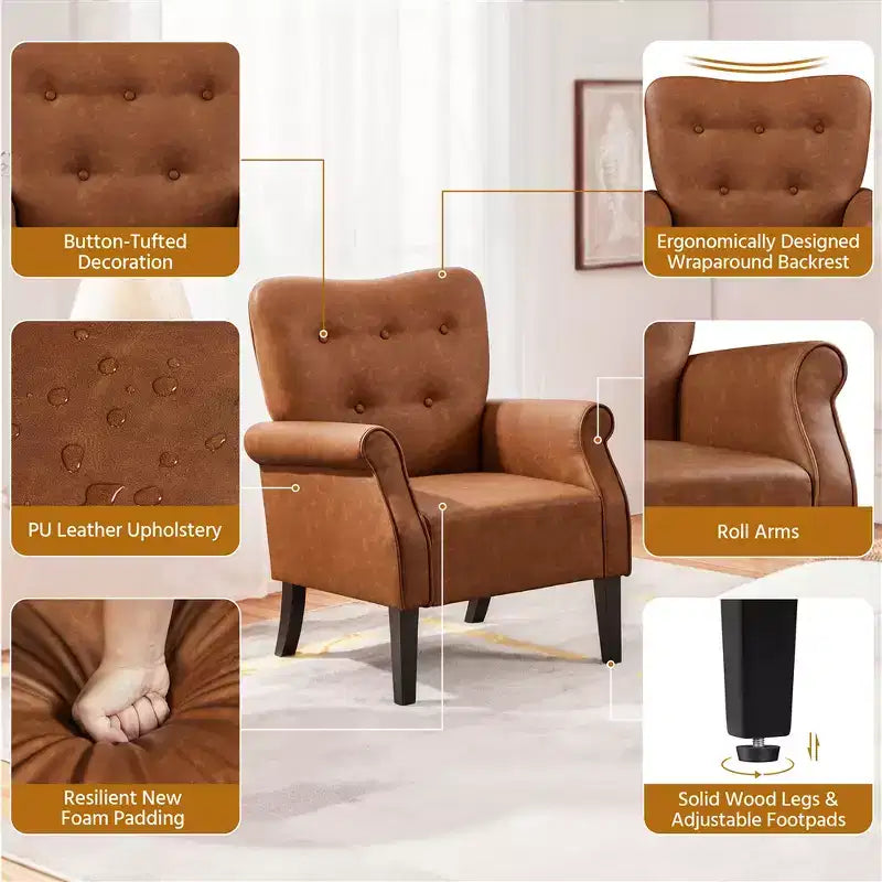 Yaheetech lot de 2 fauteuils en similicuir mid-century modernes à dossier haut capitonné pour salon, chambre, brun rétro