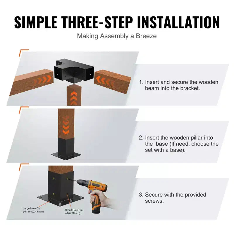VEVOR Kit de support de pergola 4''x4'' (taille intérieure 3,6x3,6), 2 pièces support d'angle robuste 4 directions, kit de base de poteau DIY