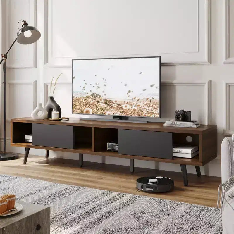 Meuble TV moderne du milieu du siècle Bestier pour téléviseur 80 po, meuble multimédia 70 po à portes coulissantes pour salon, noyer