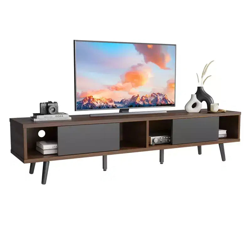 Meuble TV moderne du milieu du siècle Bestier pour téléviseur 80 po, meuble multimédia 70 po à portes coulissantes pour salon, noyer