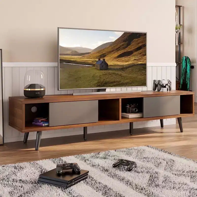 Meuble TV moderne du milieu du siècle Bestier pour téléviseur 80 po, meuble multimédia 70 po à portes coulissantes pour salon, noyer