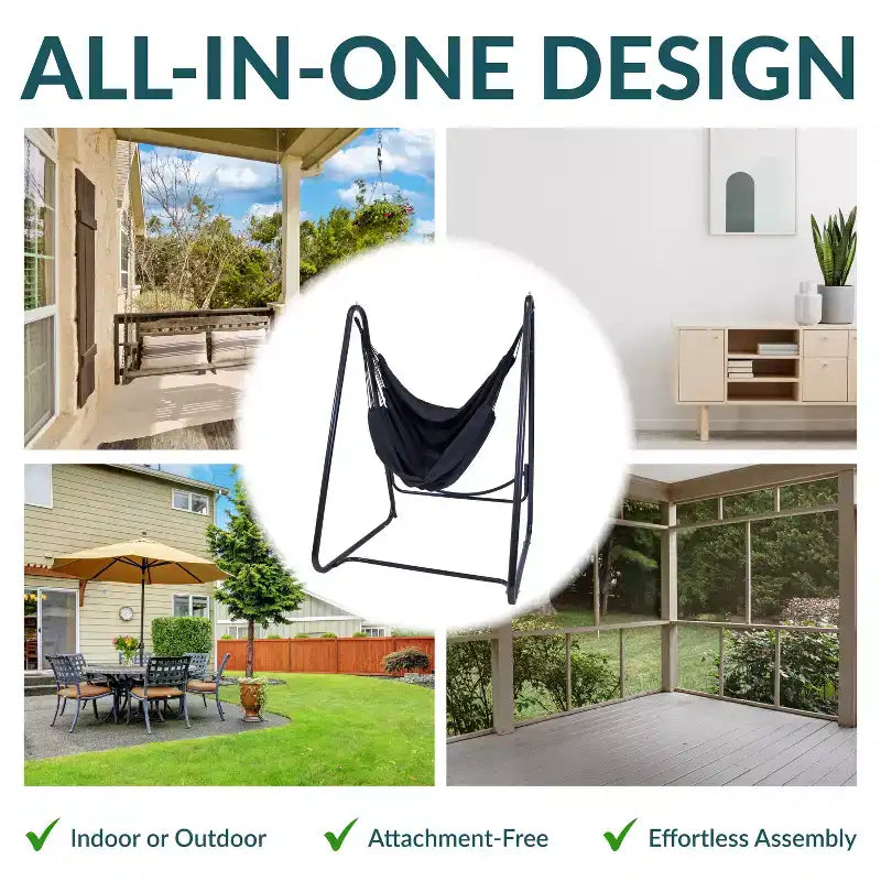Chaise-hamac Sunnydaze pour l'intérieur ou l'extérieur avec support en acier en A – Pieds anti-basculement pour la stabilité – Noir
