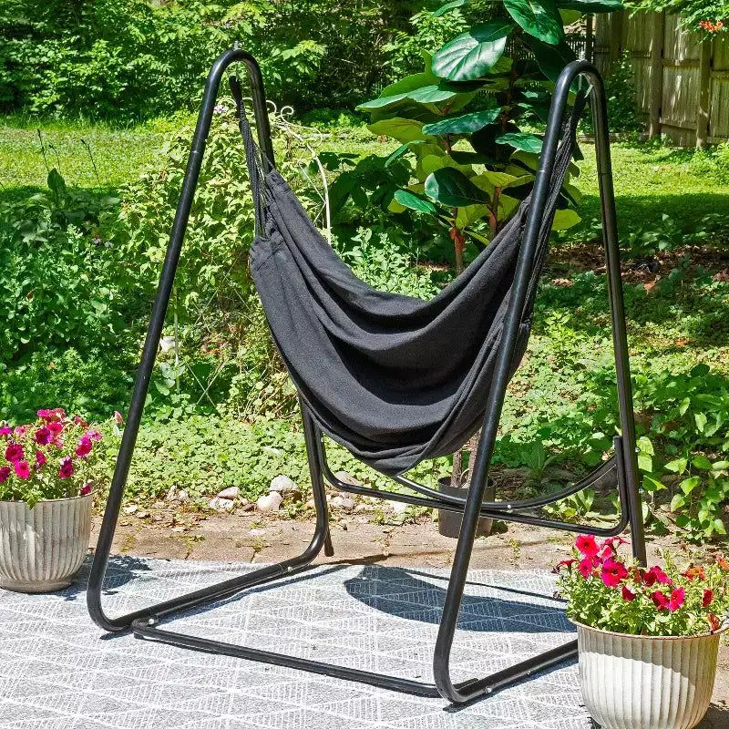Chaise-hamac Sunnydaze pour l'intérieur ou l'extérieur avec support en acier en A – Pieds anti-basculement pour la stabilité – Noir