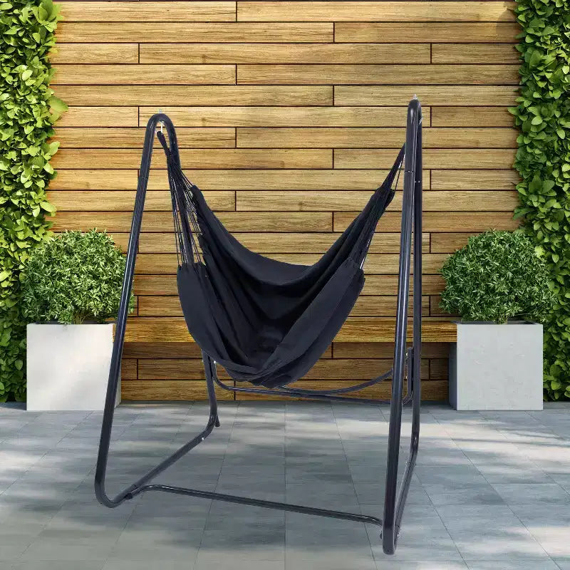 Chaise-hamac Sunnydaze pour l'intérieur ou l'extérieur avec support en acier en A – Pieds anti-basculement pour la stabilité – Noir