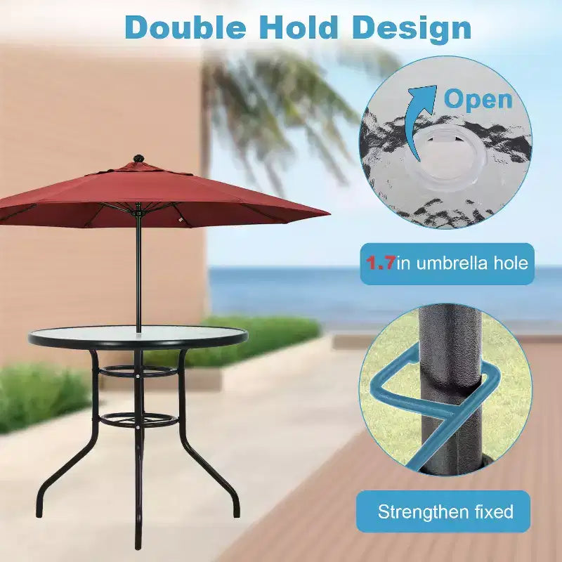 BestMassage Table d'extérieur Table de patio Plateau en verre trempé avec trou pour parasol