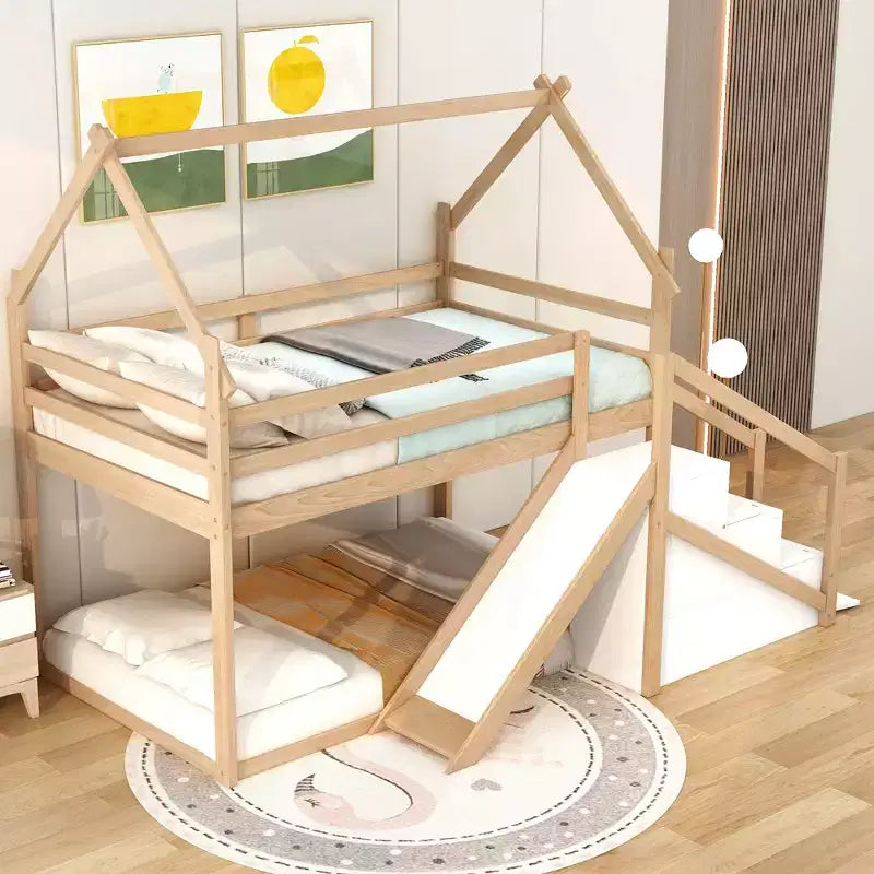 Lit superposé pour enfants Whisen avec toboggan, escalier et rangement - Pin massif et MDF, amusant et peu encombrant