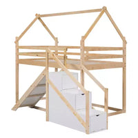 Lit superposé pour enfants Whisen avec toboggan, escalier et rangement - Pin massif et MDF, amusant et peu encombrant