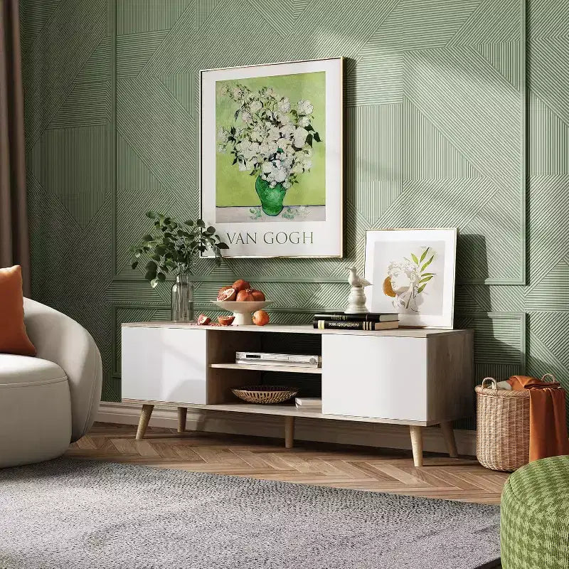 DEXYLLO meuble TV pour téléviseurs 55 60 pouces, centre de divertissement bohème avec armoires de rangement, console TV pour décoration de salon