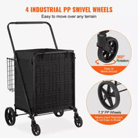 VEVOR Chariot de Courses Pliant avec Doublure Amovible Imperméable, Caddie de Grande Capacité 95 kg avec Double Panier, Roues Pivotantes à 360°