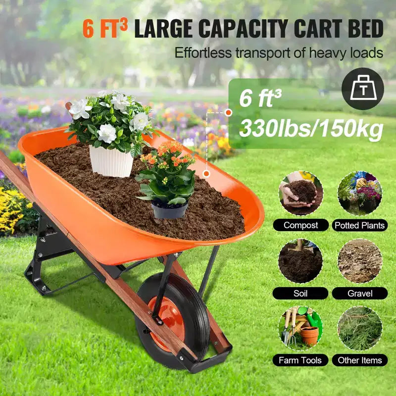 VEVOR Brouette, charge 6 pi³ et capacité 330 lbs, brouette de jardin à benne basculante à une roue avec poignée métallique et roues à bande large 16