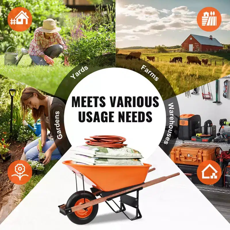 VEVOR Brouette, charge 6 pi³ et capacité 330 lbs, brouette de jardin à benne basculante à une roue avec poignée métallique et roues à bande large 16