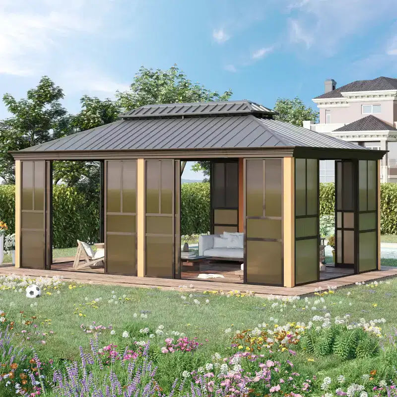 Tonnelle d'extérieur EROMMY de 6,1 m de large x 3,6 m de profondeur, toit rigide en acier galvanisé à double pente, véranda en aluminium