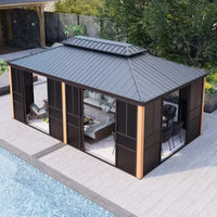 Tonnelle d'extérieur EROMMY de 6,1 m de large x 3,6 m de profondeur, toit rigide en acier galvanisé à double pente, véranda en aluminium