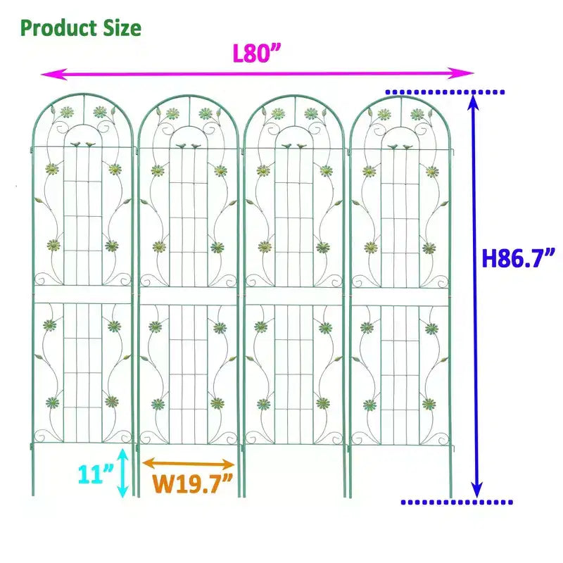 Lot de 4 treillis de jardin en metal 86,7 x 19,7, treillis antirouille pour plantes grimpantes, support de fleurs d'extérieur, vert