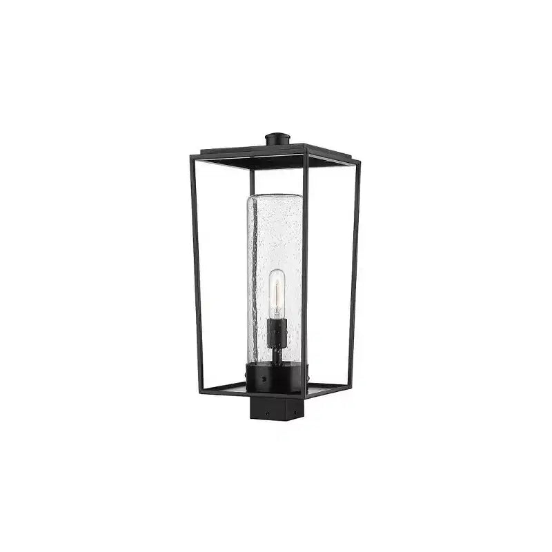 Sheridan Borne d'éclairage extérieur 1 lumière - Lanterne en acier noir avec abat-jour en verre bullé