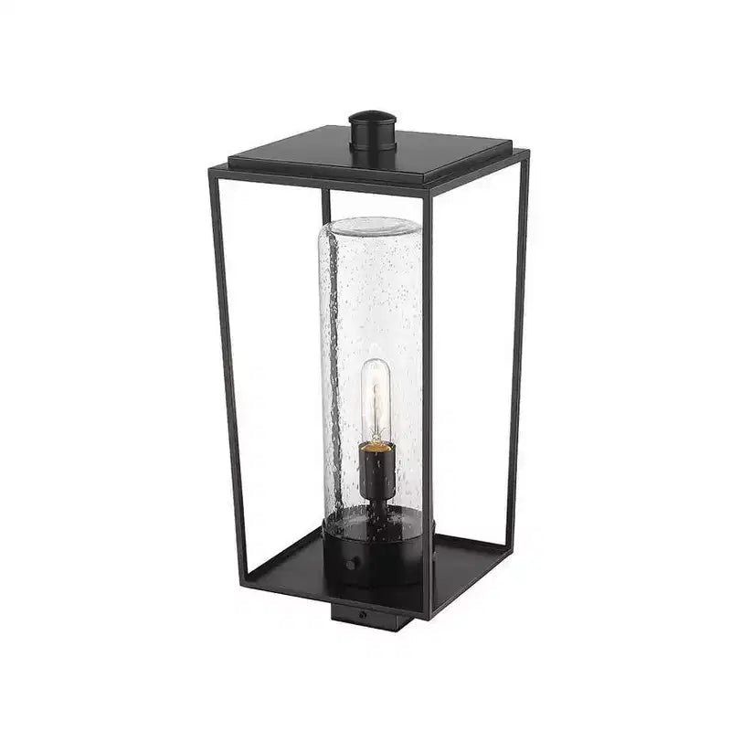 Sheridan Borne d'éclairage extérieur 1 lumière - Lanterne en acier noir avec abat-jour en verre bullé