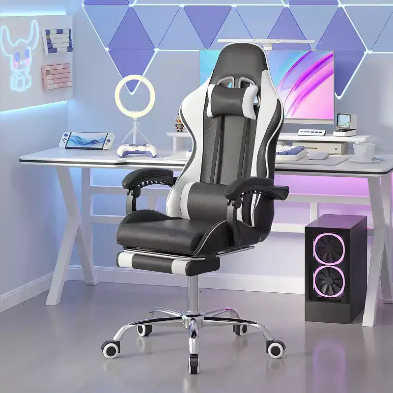 Chaise de jeu inclinable VECELO, Chaise de jeu ergonomique en similicuir réglable en hauteur avec repose-pieds et soutien lombaire, Noir