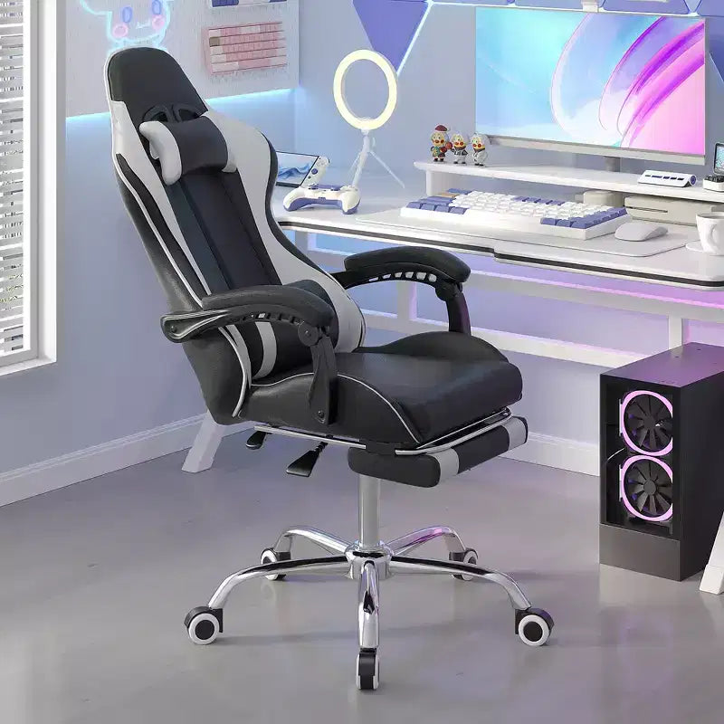 Chaise de jeu inclinable VECELO, Chaise de jeu ergonomique en similicuir réglable en hauteur avec repose-pieds et soutien lombaire, Noir