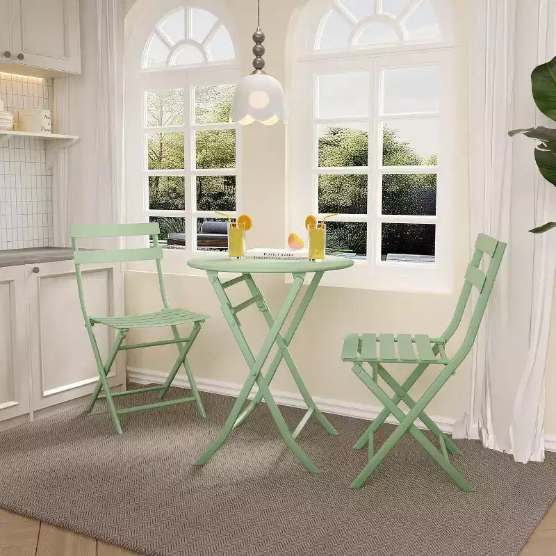Ensemble bistro pliant 3 pièces vert, table et chaises à armature métallique pour petits espaces, utilisation intérieure/extérieure