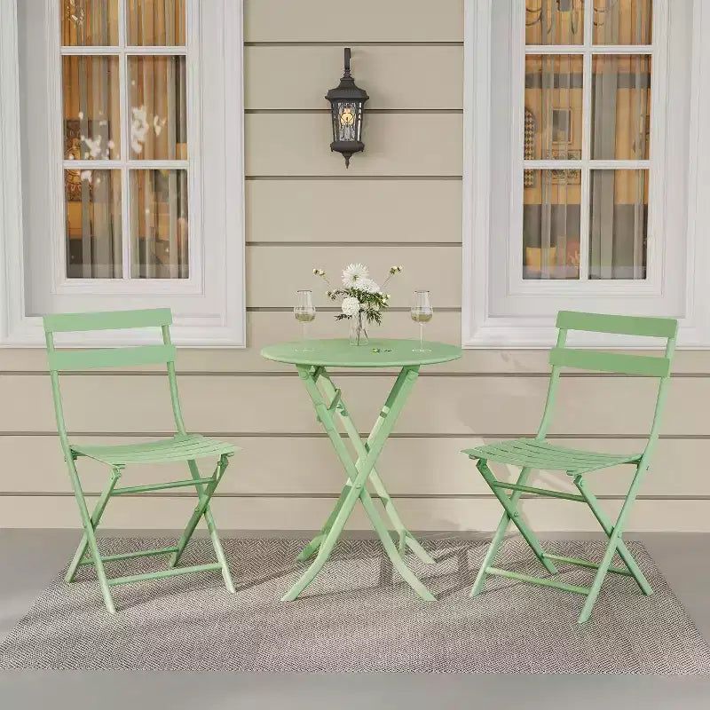Ensemble bistro pliant 3 pièces vert, table et chaises à armature métallique pour petits espaces, utilisation intérieure/extérieure