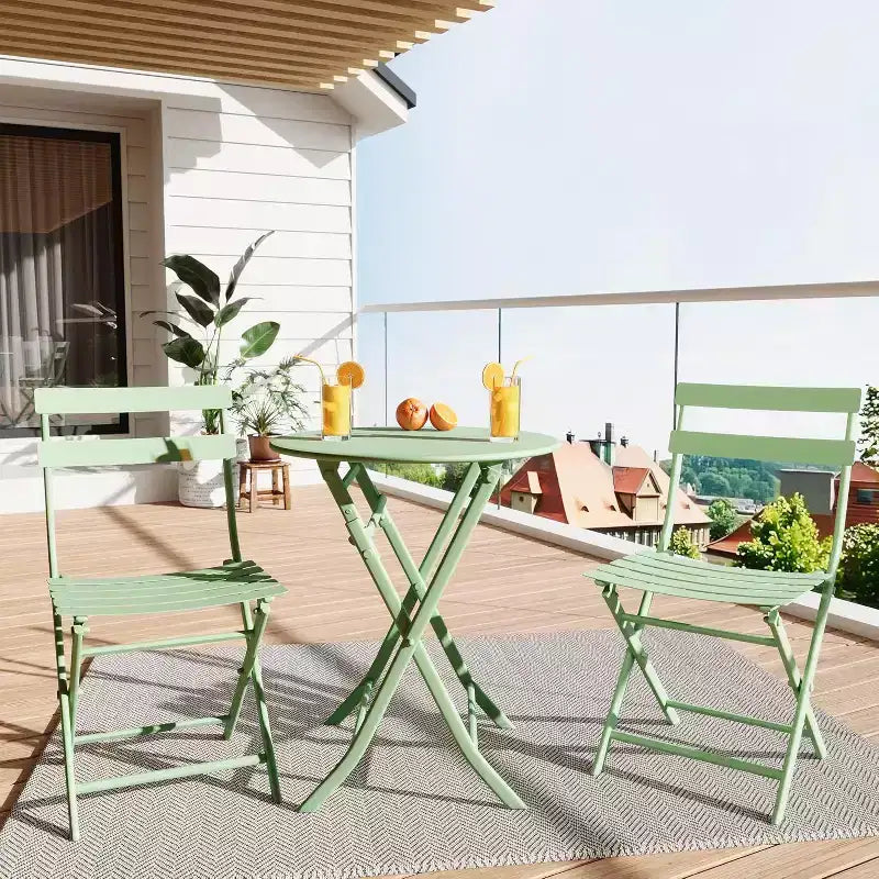 Ensemble bistro pliant 3 pièces vert, table et chaises à armature métallique pour petits espaces, utilisation intérieure/extérieure