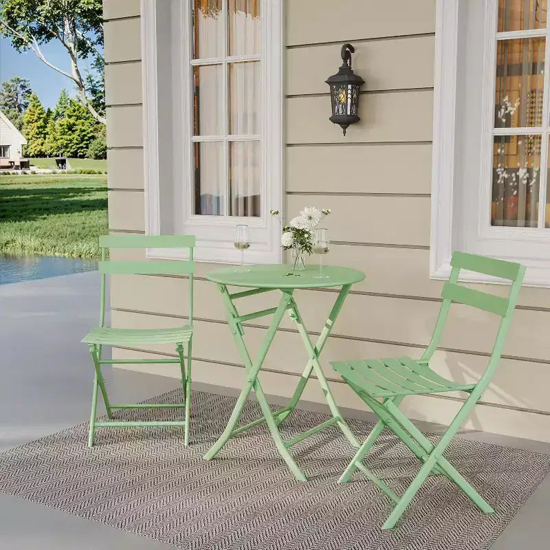 Ensemble bistro pliant 3 pièces vert, table et chaises à armature métallique pour petits espaces, utilisation intérieure/extérieure