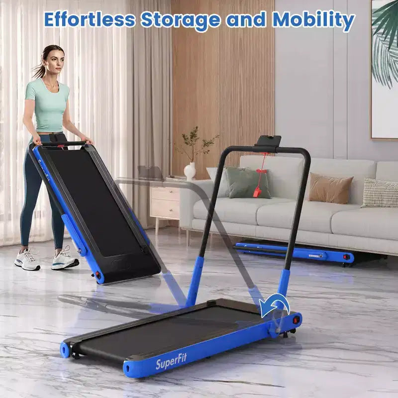 Tapis roulant pliable 3-en-1 Costway avec applications intelligentes, télécommande, écran LED et haut-parleurs bleu/argent