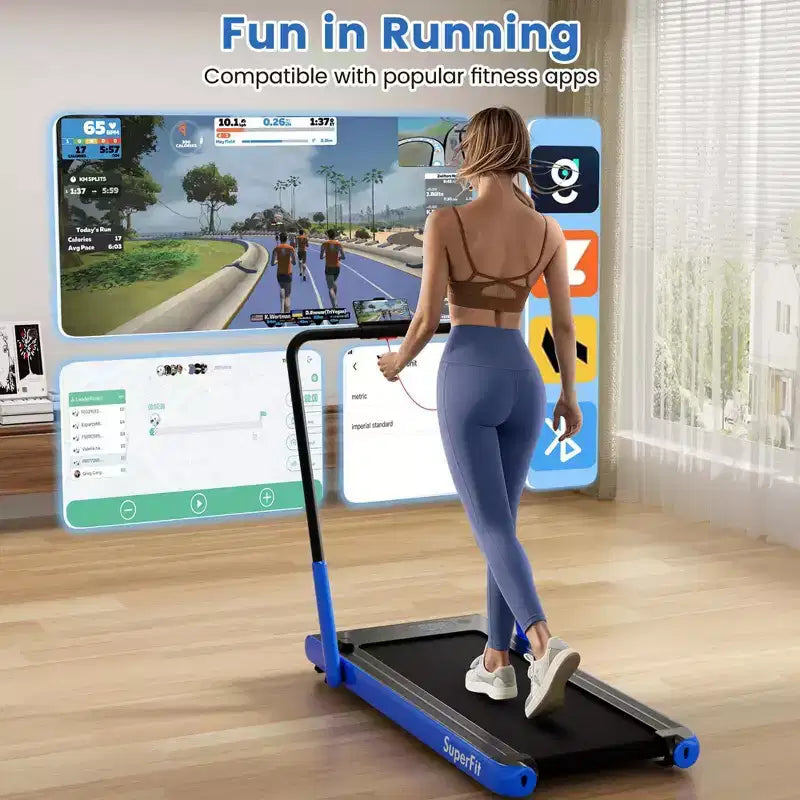 Tapis roulant pliable 3-en-1 Costway avec applications intelligentes, télécommande, écran LED et haut-parleurs bleu/argent