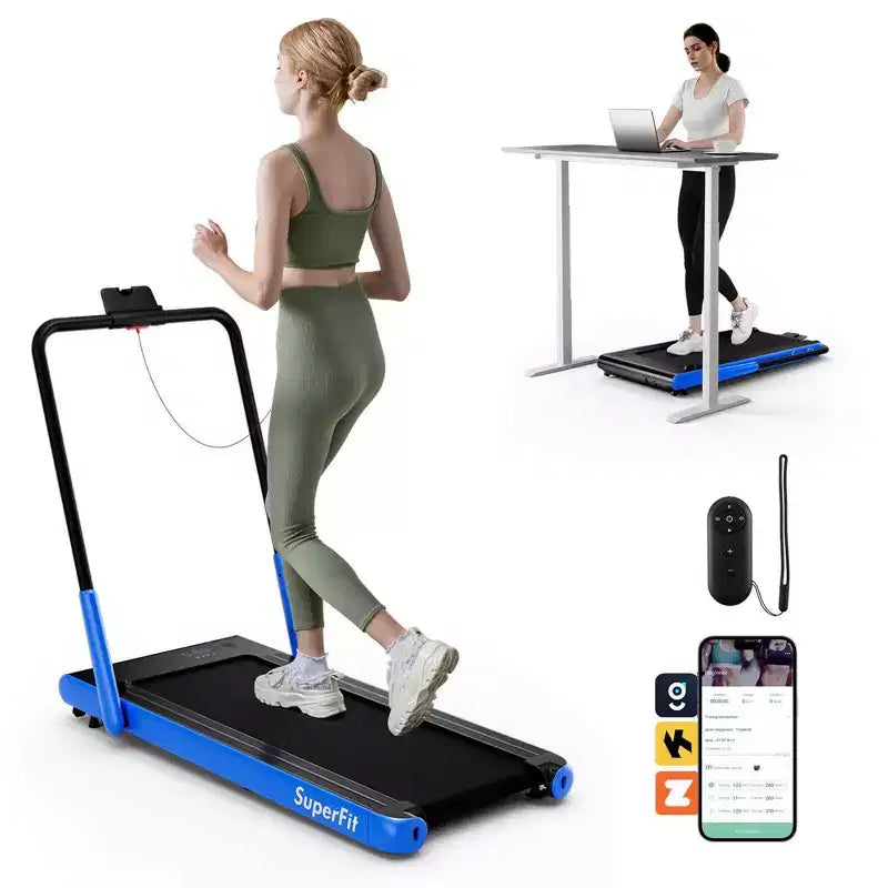 Tapis roulant pliable 3-en-1 Costway avec applications intelligentes, télécommande, écran LED et haut-parleurs bleu/argent