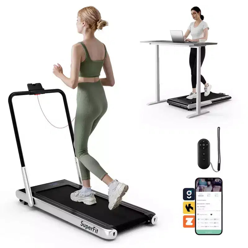 Tapis roulant pliable 3-en-1 Costway avec applications intelligentes, télécommande, écran LED et haut-parleurs bleu/argent