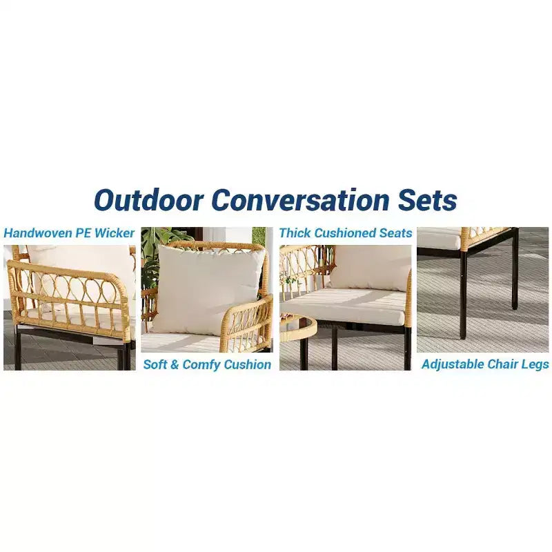 Ensemble de conversation de patio 4 pièces, ensembles de meubles d'extérieur en osier, 1 causeuse, 2 chaises et 1 table, beige