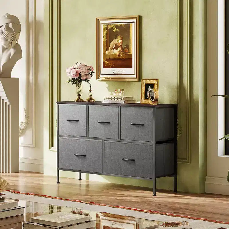 Commode 5 tiroirs, unité de rangement longue en tissu pour chambre, placard, salon, couloir et chambre d'enfant