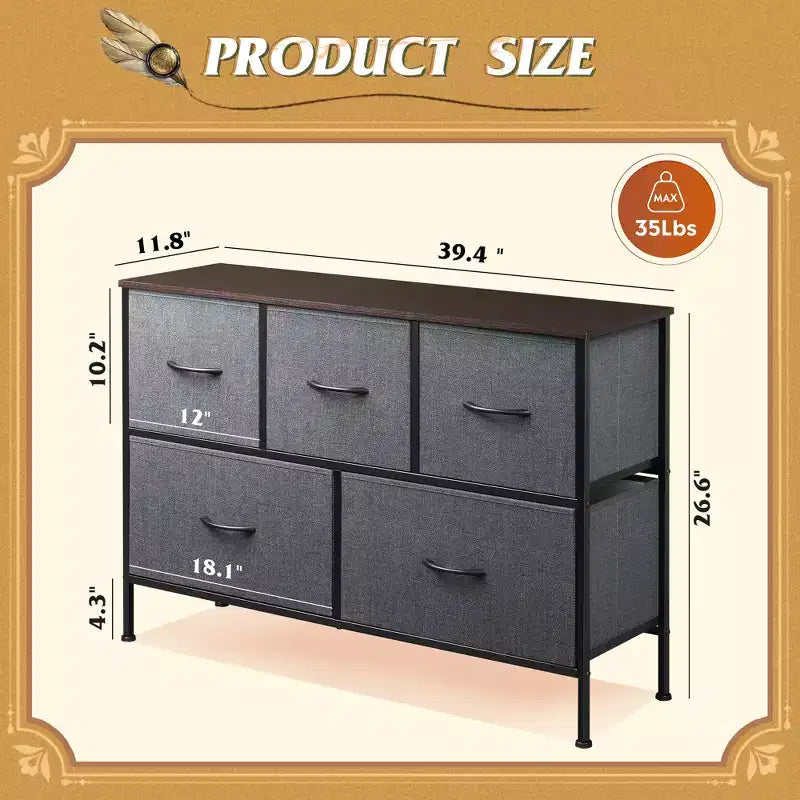 Commode 5 tiroirs, unité de rangement longue en tissu pour chambre, placard, salon, couloir et chambre d'enfant