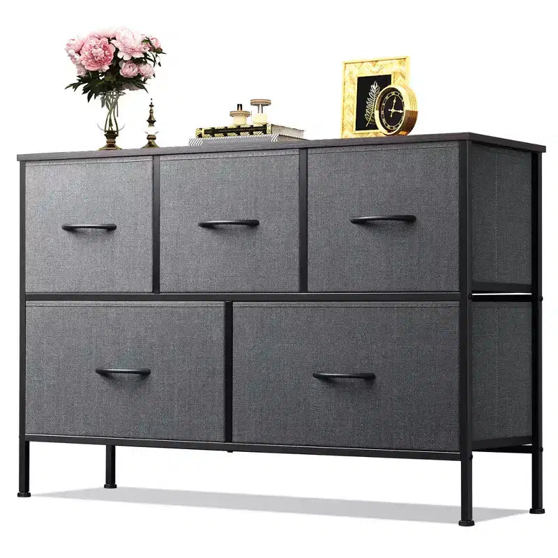 Commode 5 tiroirs, unité de rangement longue en tissu pour chambre, placard, salon, couloir et chambre d'enfant