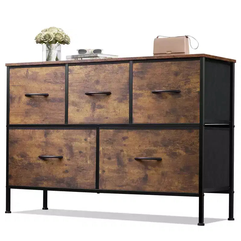 Commode 5 tiroirs, unité de rangement longue en tissu pour chambre, placard, salon, couloir et chambre d'enfant