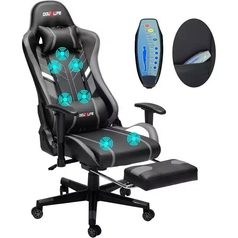 Douxlife Chaise de jeu ergonomique moderne avec massage en 7 points, repose-pieds et accoudoirs réglables, noir et gris