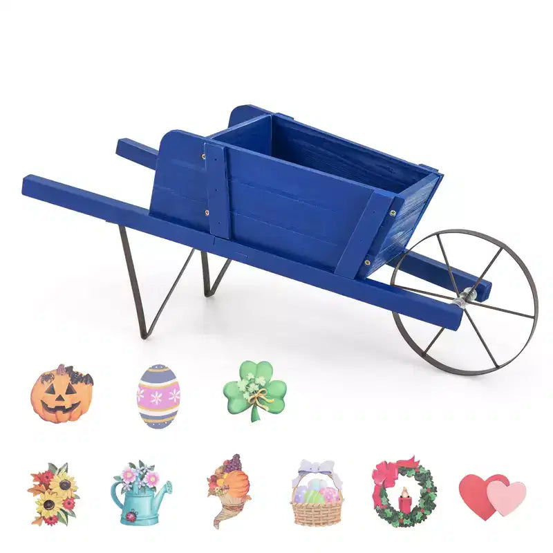 Jardinière chariot en bois Costway, chariot à fleurs rustique décoratif intérieur/extérieur avec roue bleu/beige/rouge