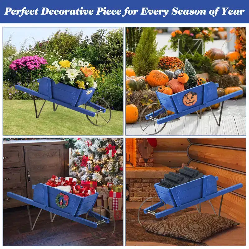 Jardinière chariot en bois Costway, chariot à fleurs rustique décoratif intérieur/extérieur avec roue bleu/beige/rouge