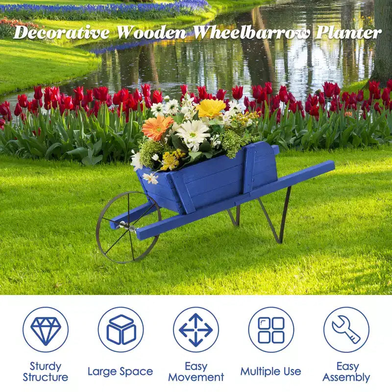 Jardinière chariot en bois Costway, chariot à fleurs rustique décoratif intérieur/extérieur avec roue bleu/beige/rouge