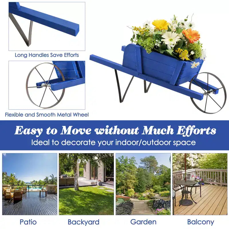 Jardinière chariot en bois Costway, chariot à fleurs rustique décoratif intérieur/extérieur avec roue bleu/beige/rouge